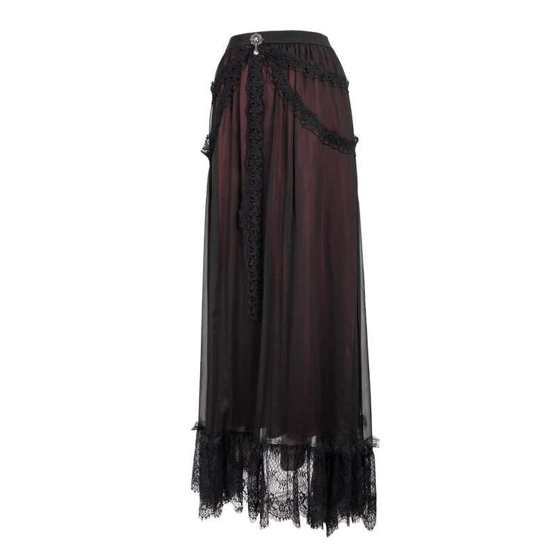Gothic Floral Lace Splice Layered Skirt / Women's Burgundy Elastic Waist Skirt - HARD'N'HEAVY