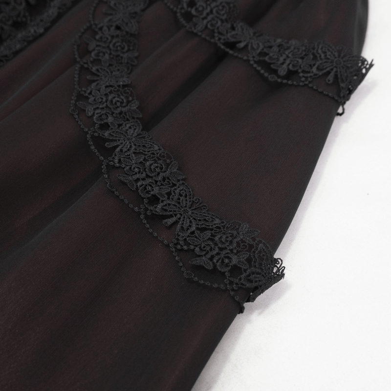 Gothic Floral Lace Splice Layered Skirt / Women's Burgundy Elastic Waist Skirt - HARD'N'HEAVY