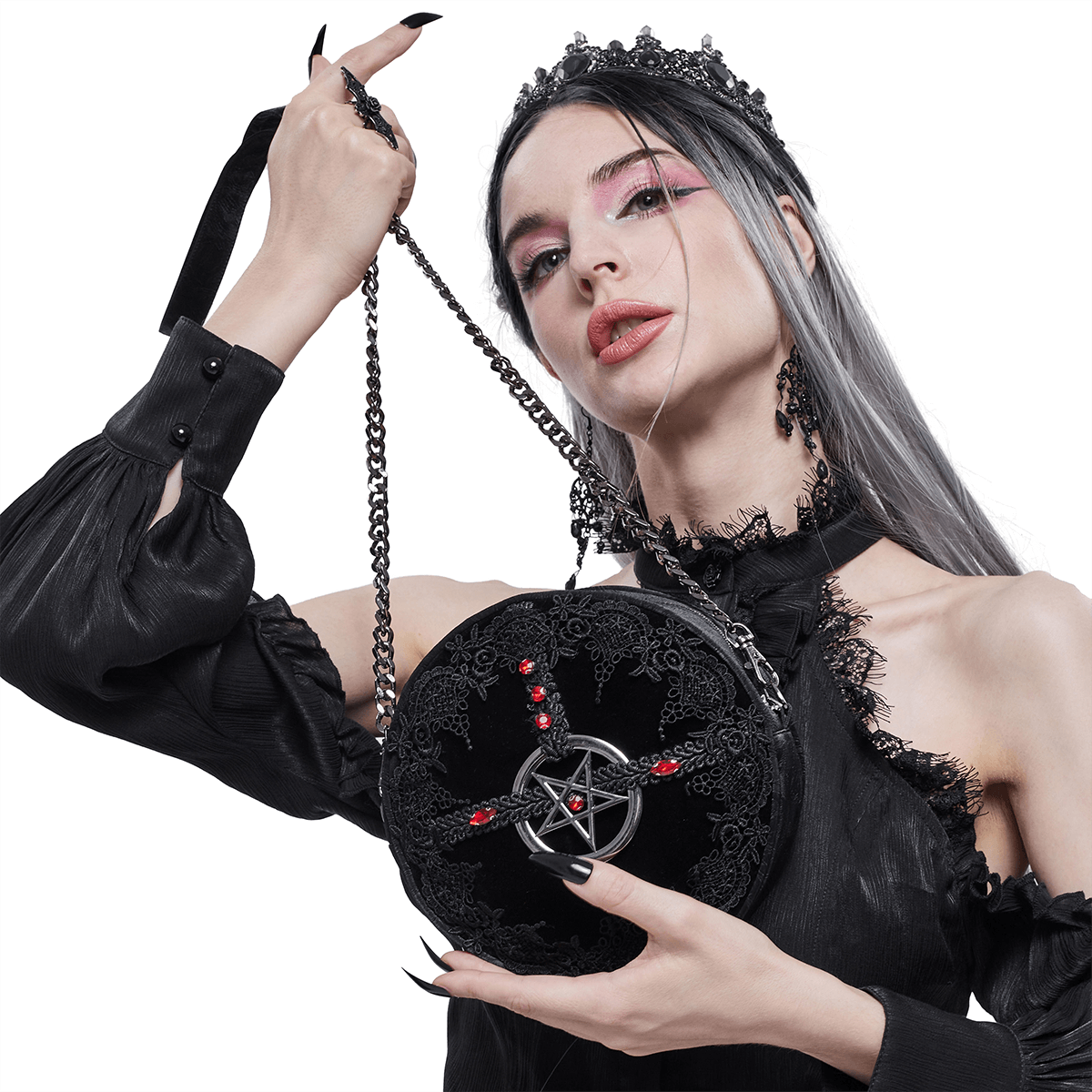 Gothic Floral Round Bag with Pentagram / Elegant Women's Zipper Bag With Red Gems - HARD'N'HEAVY