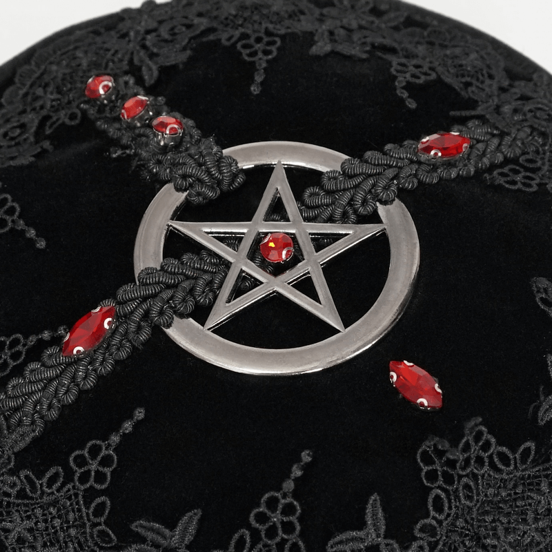 Gothic Floral Round Bag with Pentagram / Elegant Women's Zipper Bag With Red Gems - HARD'N'HEAVY
