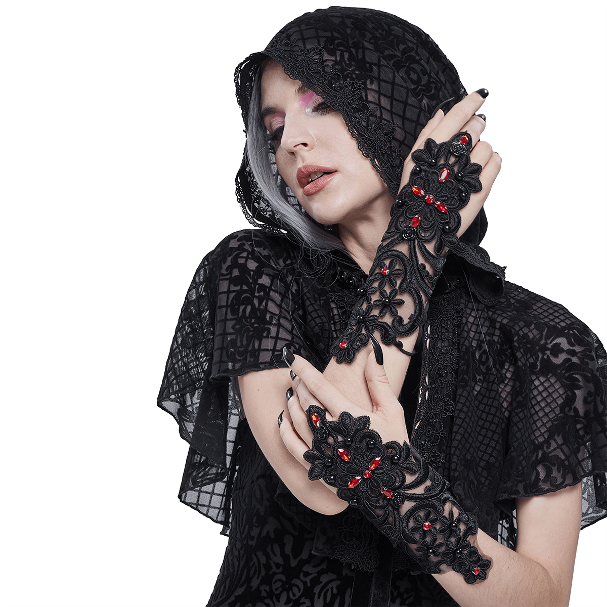 Gothic Floral Sheer Gloves / Female Lace Gloves with Beades / Elegant Accessories for Women - HARD'N'HEAVY