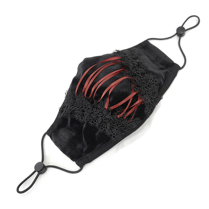 Gothic Floral Velvet Mask / Black Mask with Red Ribbon and Elastic Rubber / Unisex Accesories
