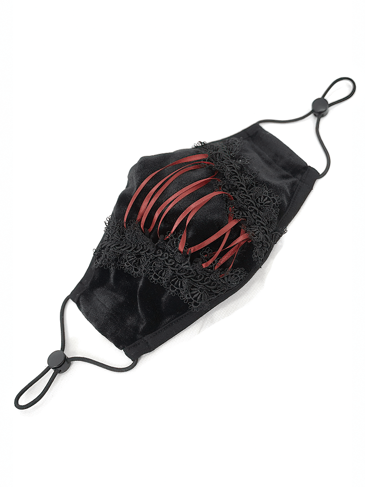 Gothic floral black velvet mask with red ribbon accents, stylish unisex accessory for any outfit.