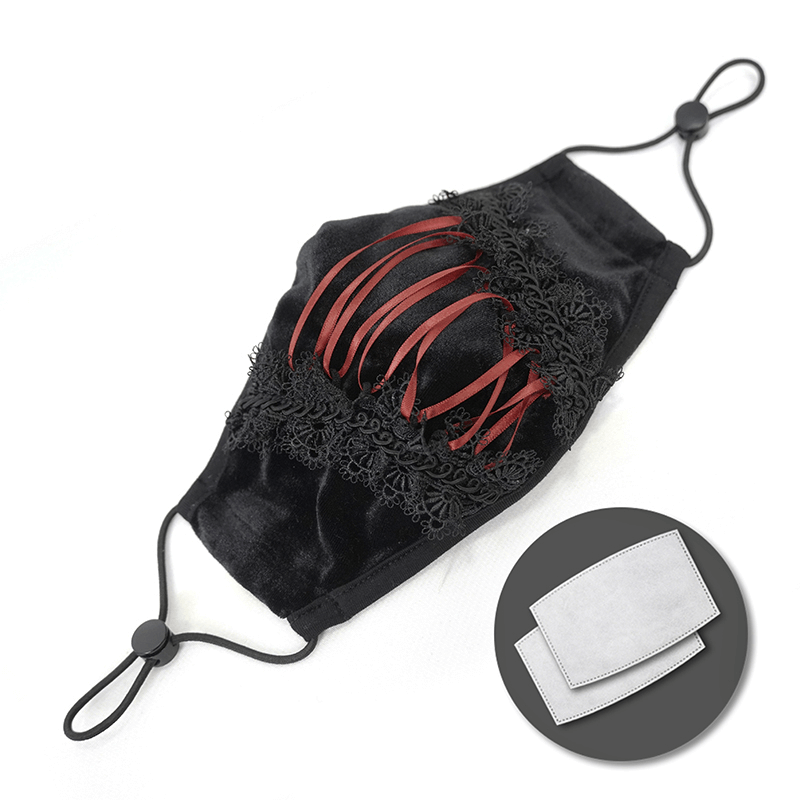Stylish unisex Gothic floral velvet mask in black with red ribbons and elastic for a chic look.