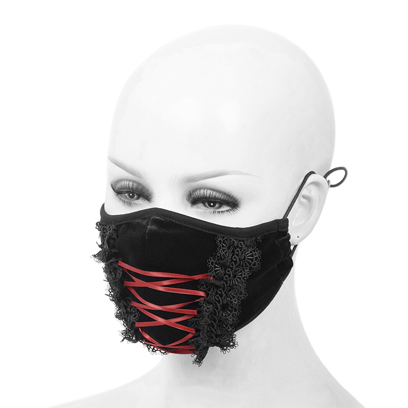 Gothic floral black velvet mask with red ribbon detail, unisex fashion accessory for stylish outfits.