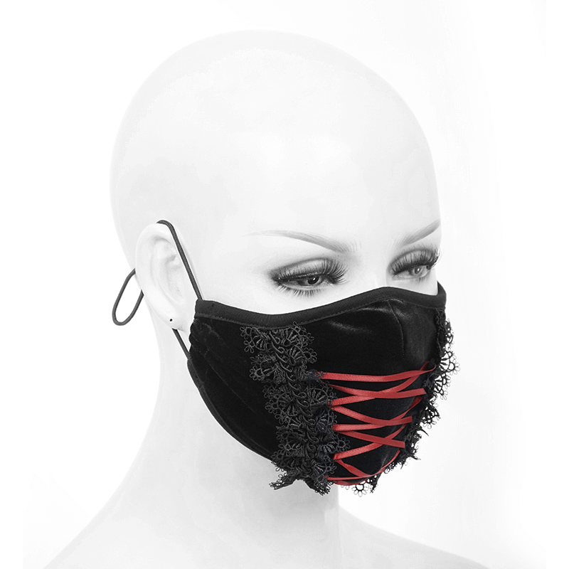 Gothic black velvet mask with red ribbon detail and floral lace, perfect unisex accessory for a stylish look.