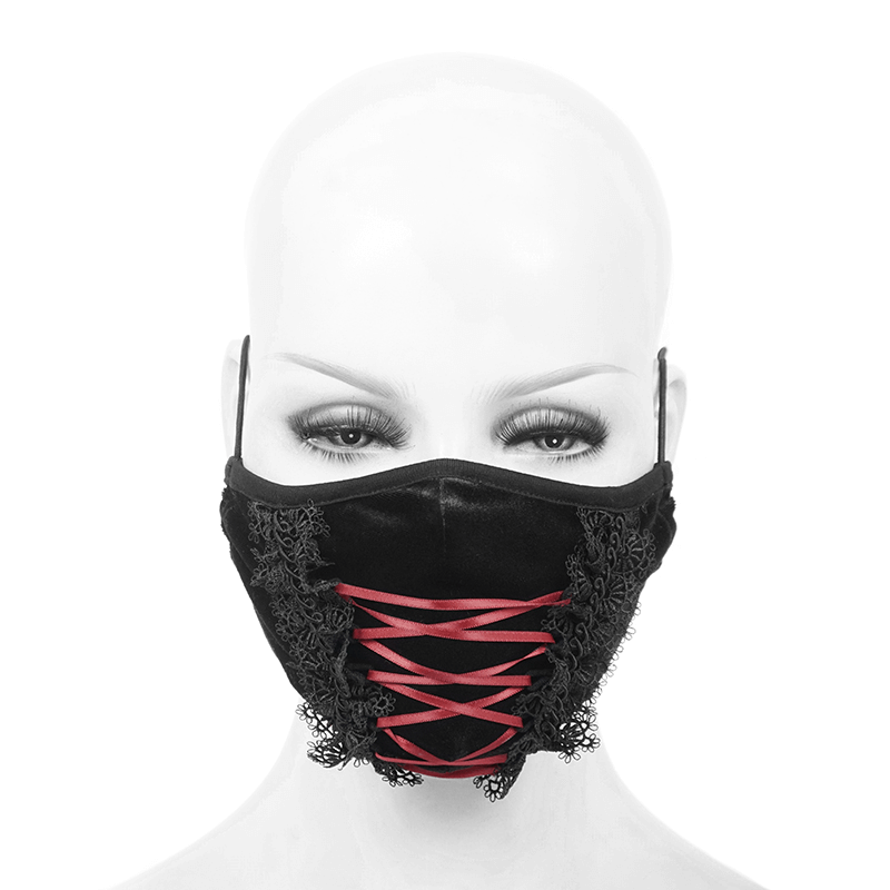 Gothic black velvet mask with red ribbon and floral lace, stylish unisex accessory for a fashionable look.