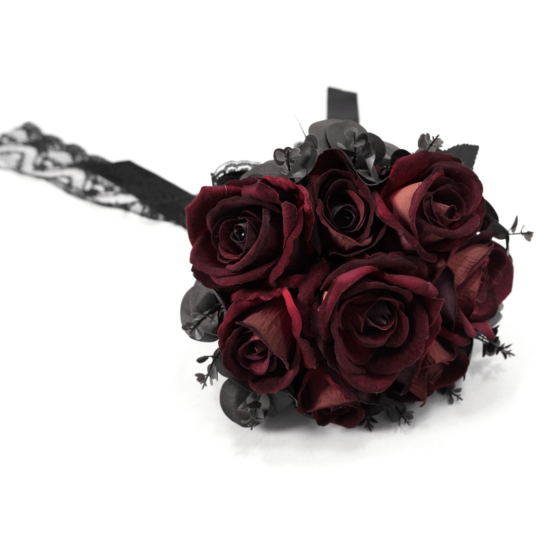 Gothic flower bouquet featuring black and red roses with lace accents, perfect accessory for women.