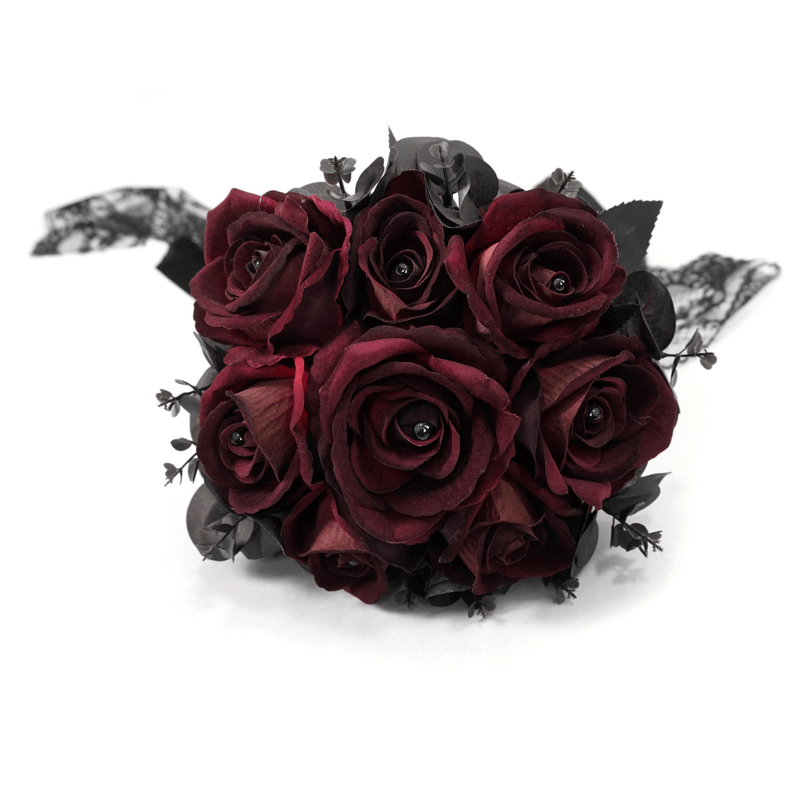 Gothic flower bouquet featuring red and black roses with lace accents, perfect gothic style accessory for ladies.