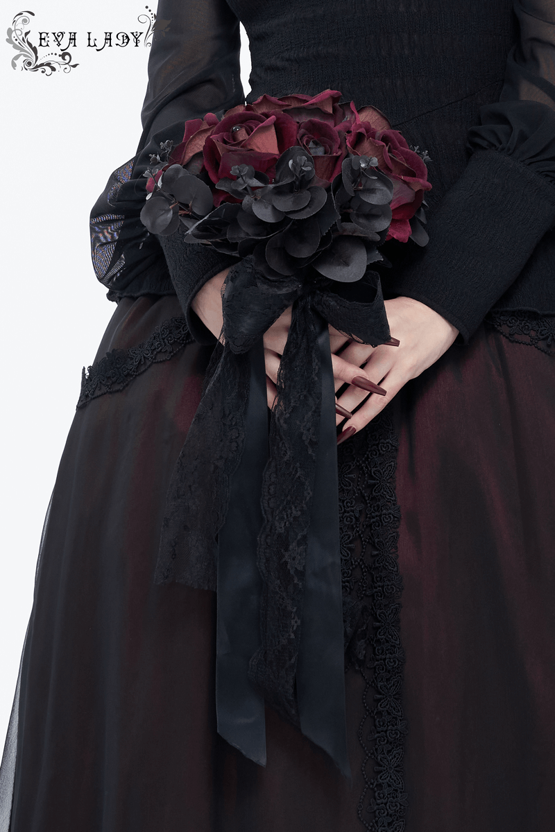 Gothic black and red flower bouquet with lace accents, perfect accessory for women's gothic outfits.
