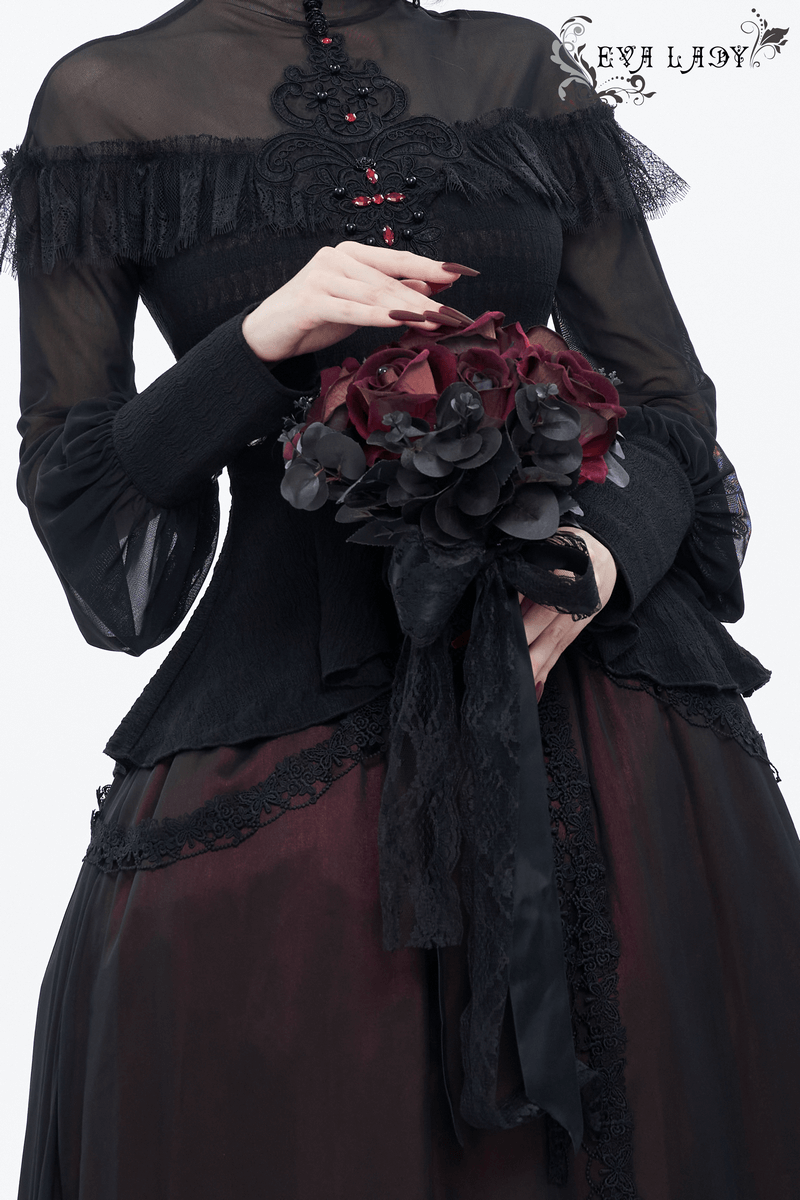 Gothic black and red flower bouquet with lace, worn by a lady in elegant attire, perfect gothic accessory.