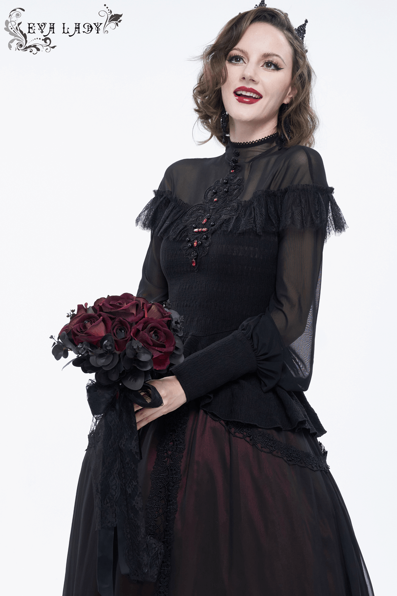 Gothic flower bouquet in black and red, paired with a chic black outfit featuring lace details.