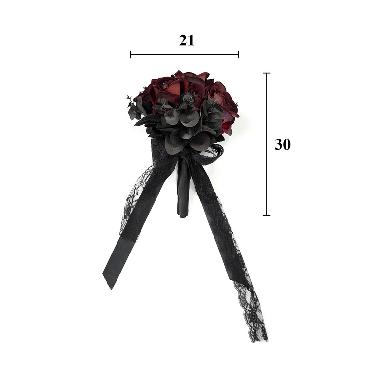 Gothic black and red flower bouquet with lace, stylish women's accessory measuring 21x30 cm.