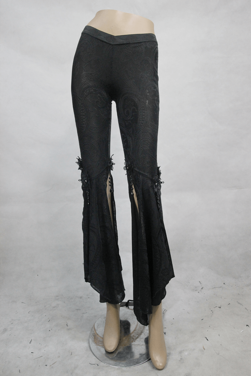 Gothic fringe bell-bottom pants with side slits and pendants, perfect for a stylish gothic wardrobe.