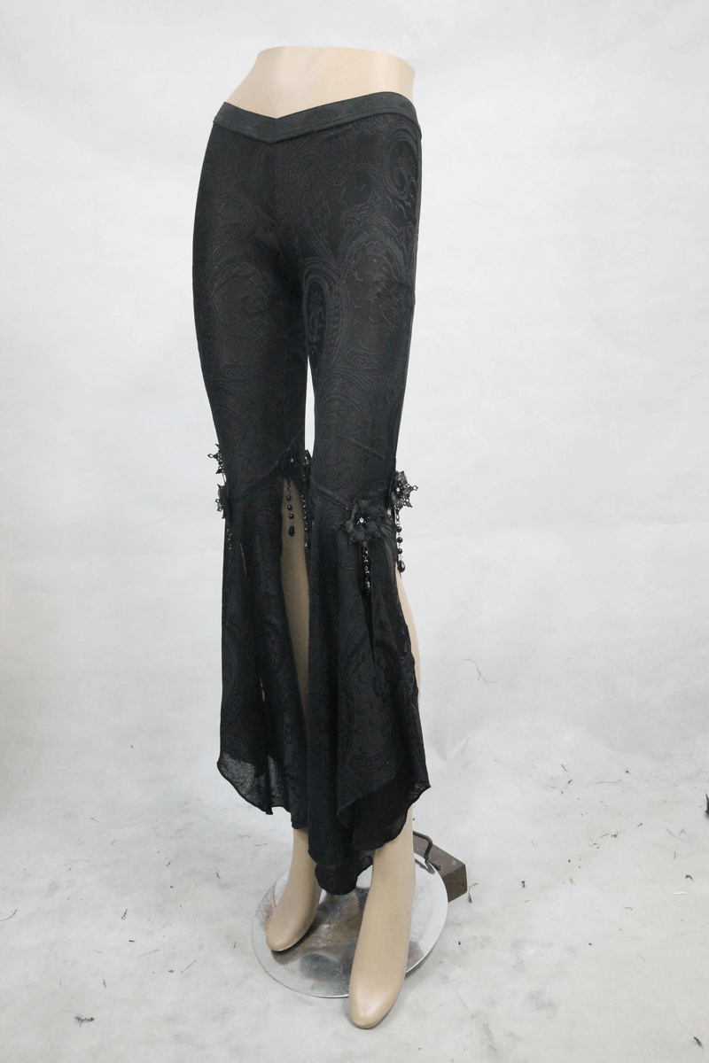 Gothic black flare pants with side slits and pendant details, perfect for a trendy gothic wardrobe.
