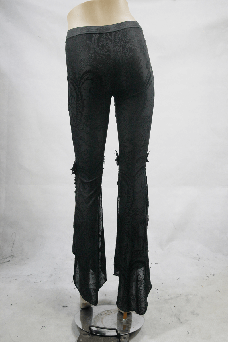 Gothic fringe bell-bottom pants with side slits and unique pendant details in black, stylish for a trendy gothic look.