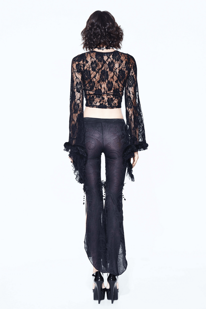 Gothic fringe bell-bottoms with lace top, featuring slit sides and pendants, perfect for a stylish gothic outfit.