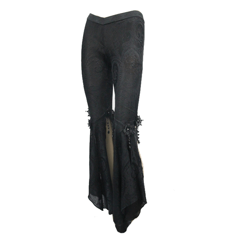 Gothic Fringe Bell-Bottoms Pants / Slit on Both Sides Black Trousers with Pendants