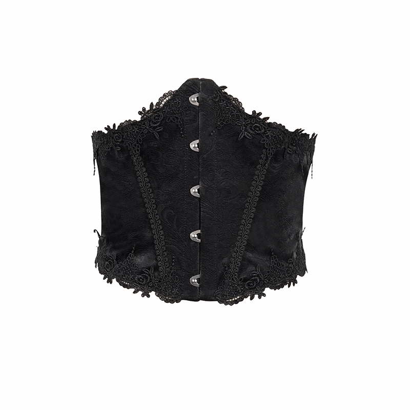 Gothic black floral lace corset with intricate detailing and front busk closure, perfect for stylish gothic outfits.