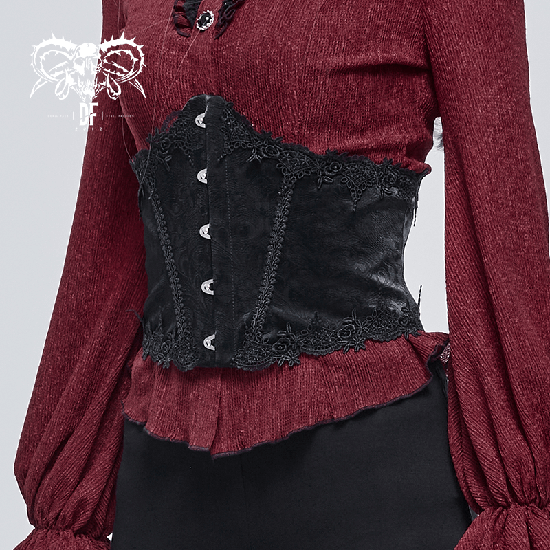 Gothic black floral lace corset girdle on elegant model, perfect for vintage and gothic outfits.