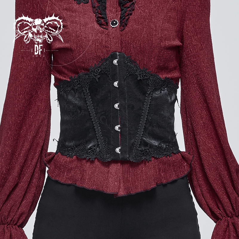 Gothic Front Busk Floral Lace Corset Girdle / Women's Leather Belt With Back Lacing - HARD'N'HEAVY