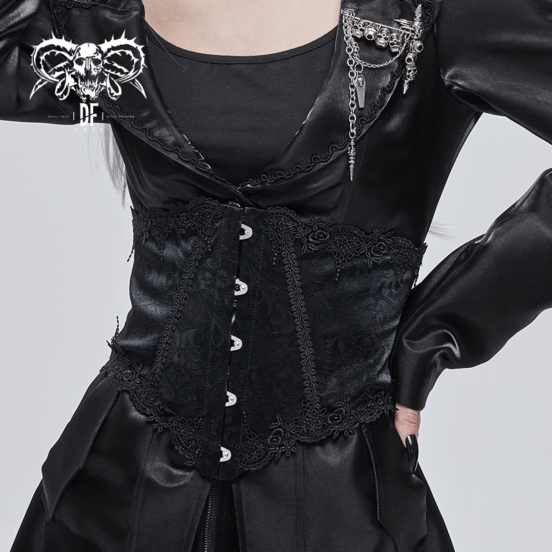 Gothic black floral lace corset girdle adorned with buttons, perfect for stylish gothic outfits.