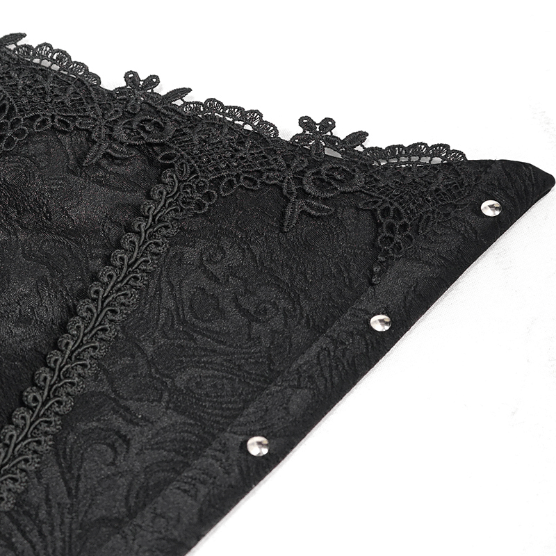 Close-up of gothic black floral lace corset with intricate lace trim and decorative studs, perfect for gothic fashion.
