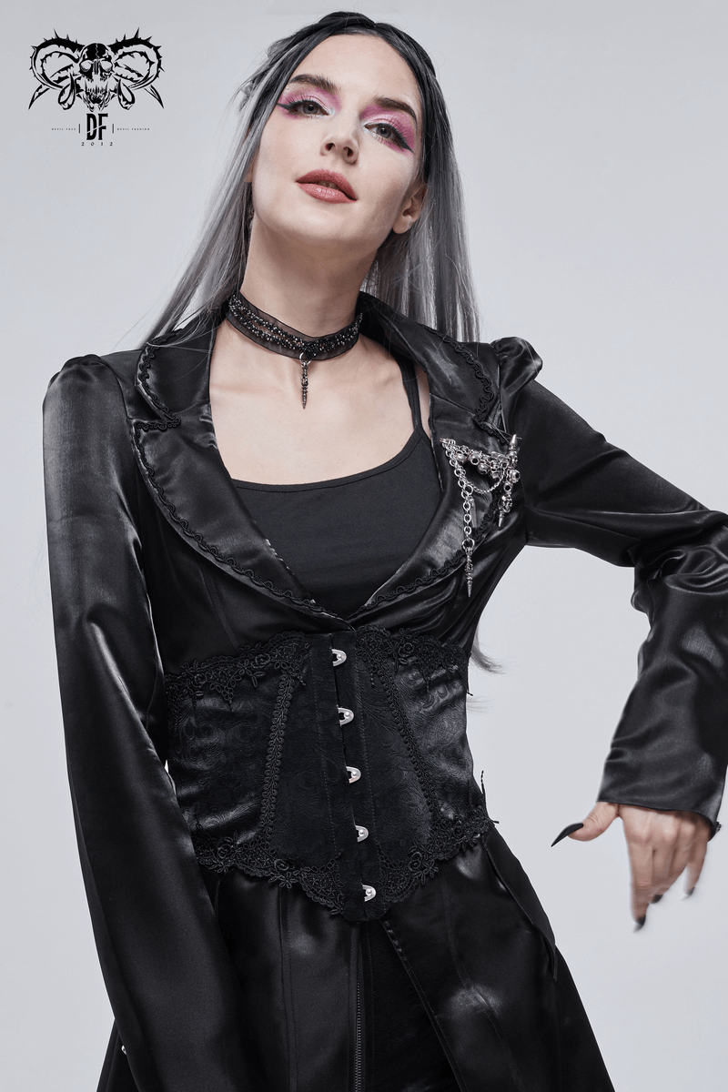 Gothic Front Busk Floral Lace Corset Girdle / Women's Leather Belt With Back Lacing - HARD'N'HEAVY