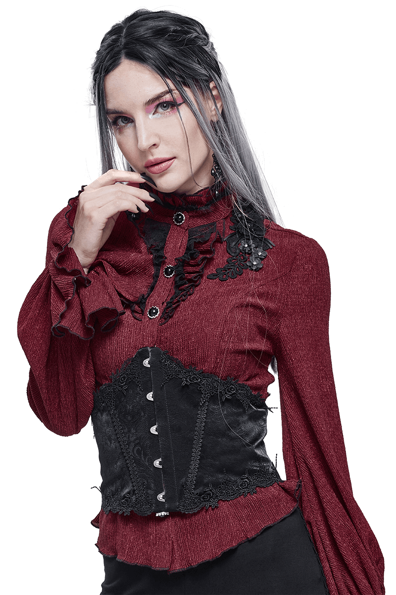 Gothic model in a black lace corset paired with a red blouse, showcasing a vintage style look.