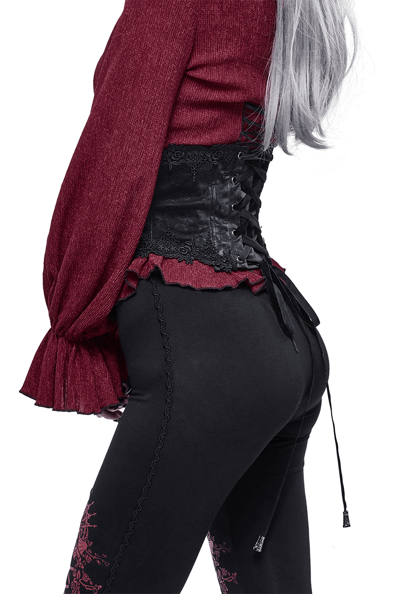 Gothic Front Busk Floral Lace Corset Girdle / Women's Leather Belt With Back Lacing - HARD'N'HEAVY