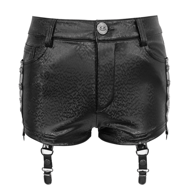 Gothic black PU leather garter belt shorts with detachable mesh inserts for a modern edgy look.