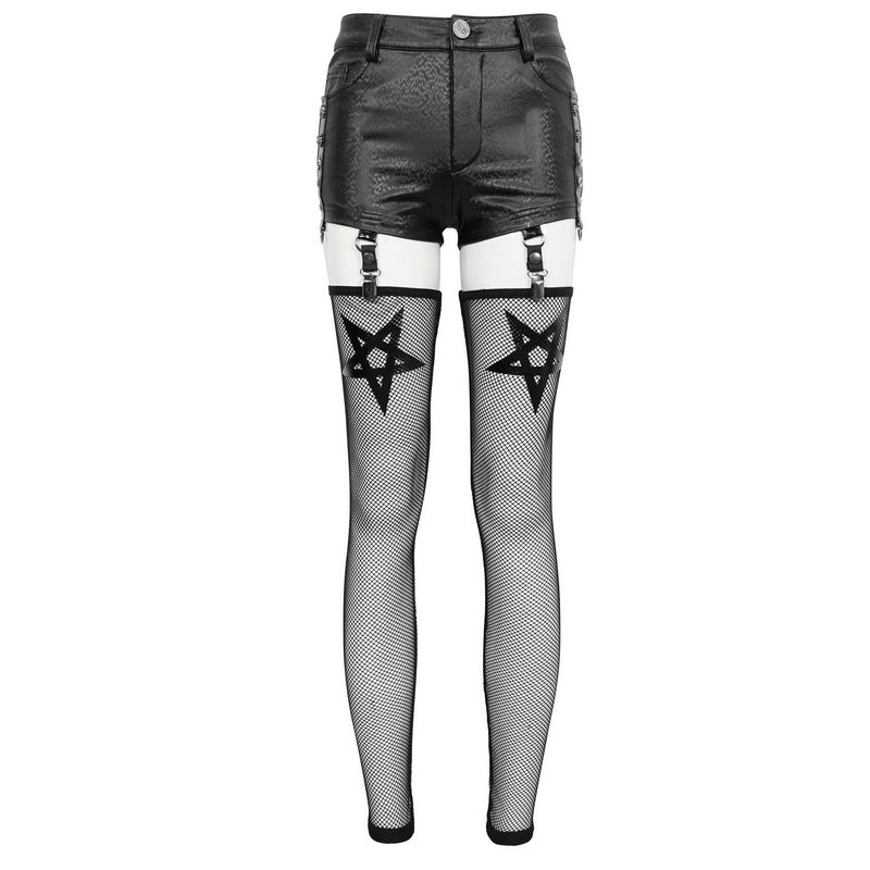 Gothic PU leather shorts with detachable mesh socks featuring star designs, perfect for a stylish gothic look.