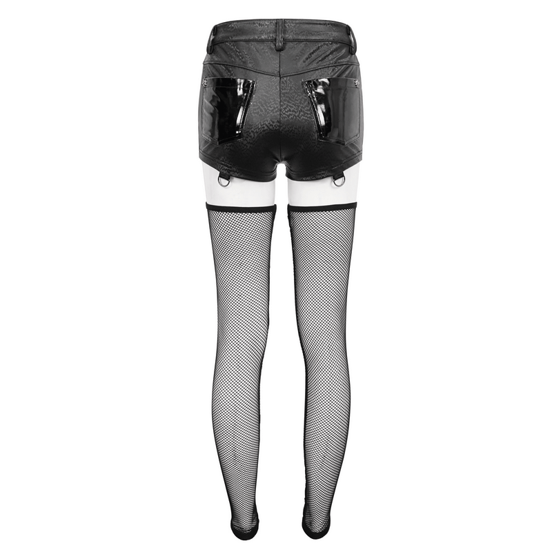 Gothic women's PU leather shorts with detachable mesh socks, showcasing bold black style and edgy details.