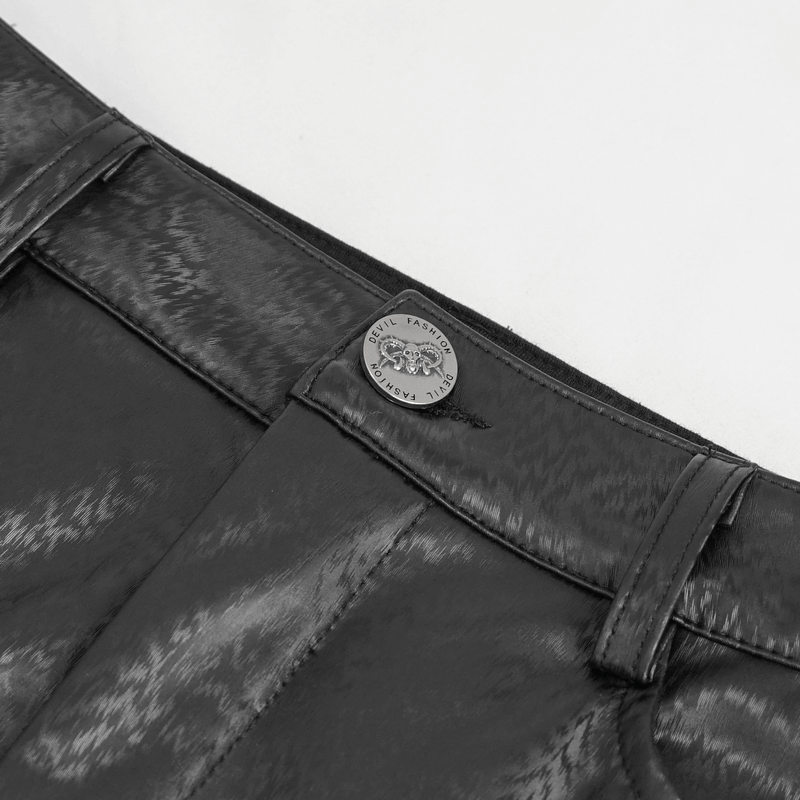 Close-up of Gothic Garter Belt Shorts waistband featuring stylish metallic logo detail in black PU leather.