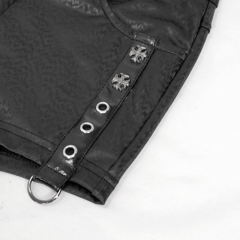 Close-up of gothic PU leather shorts showcasing decorative details and detachable mesh sock attachments.