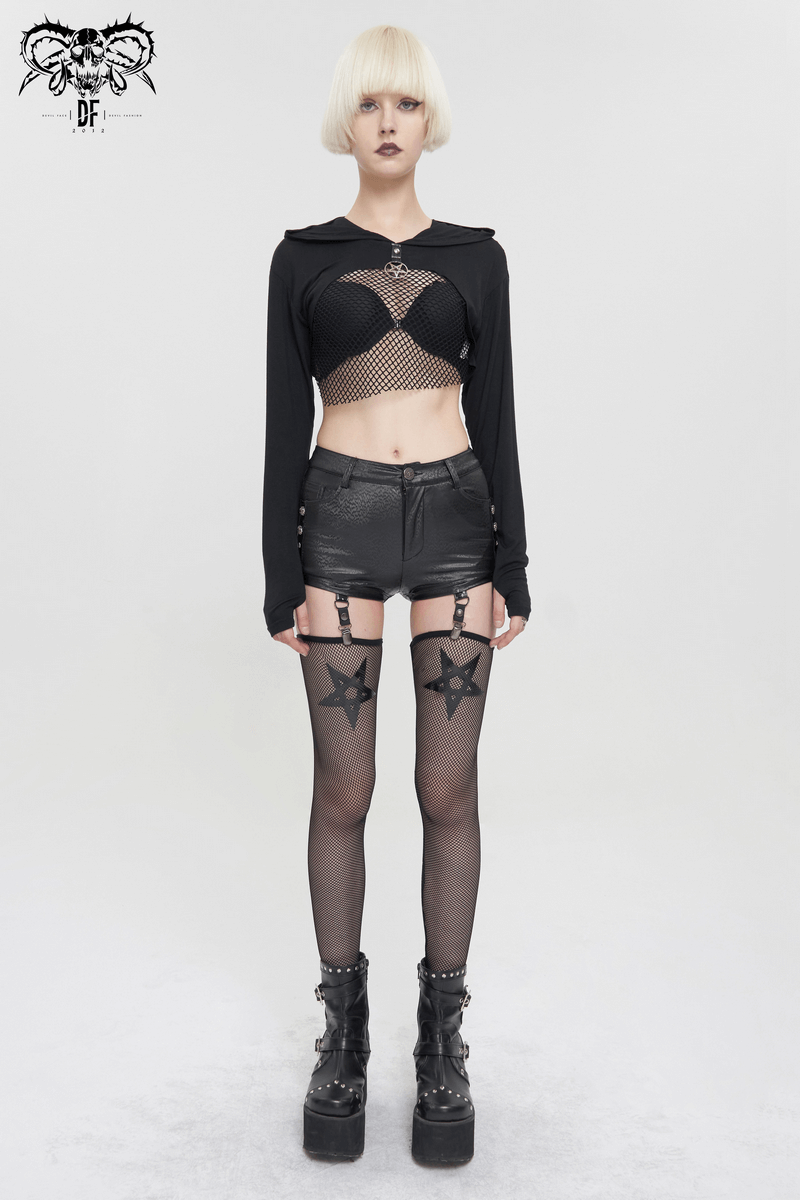 Gothic fashion featuring a model in black PU leather garter shorts and detachable mesh socks, showcasing modern gothic style.