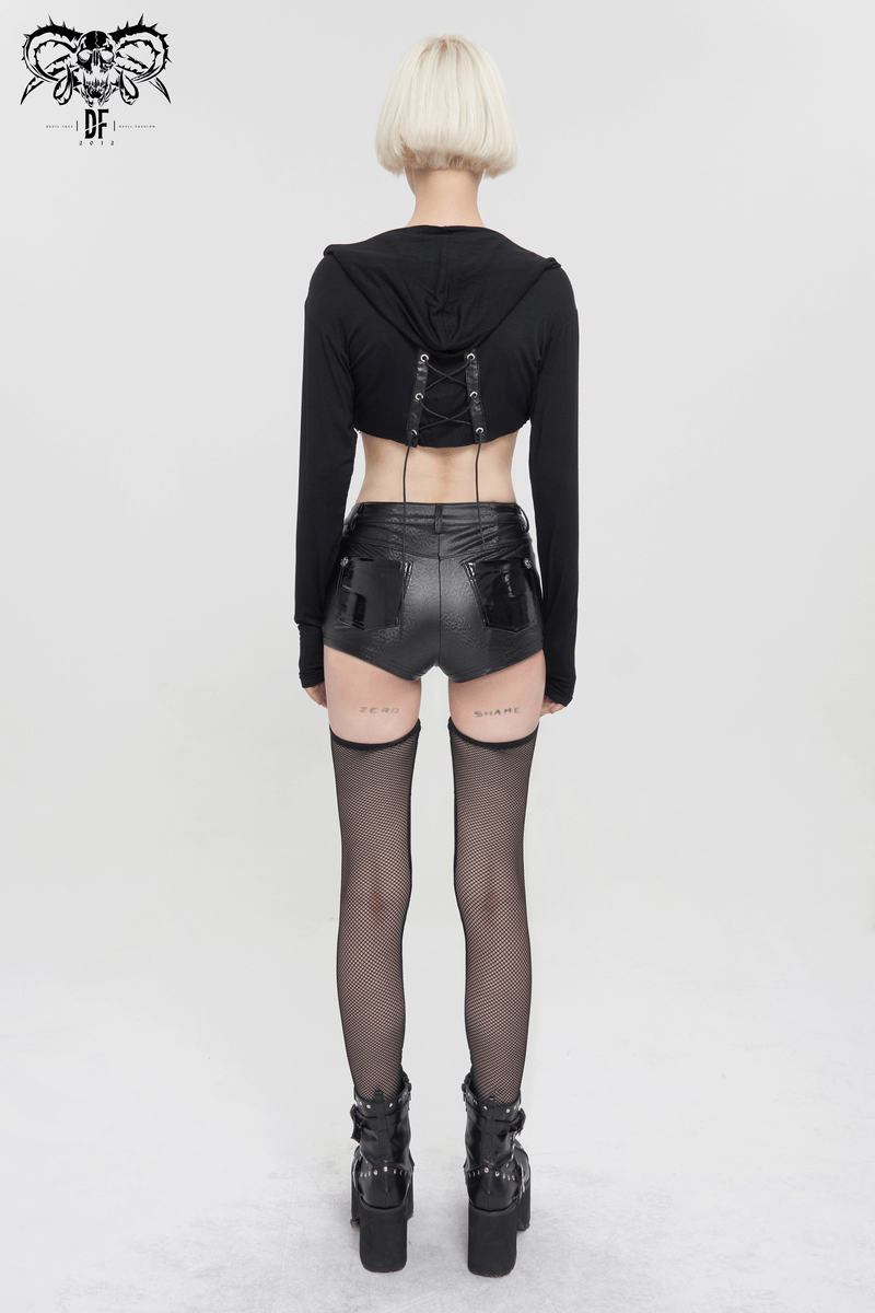 Back view of a model in gothic PU leather shorts with detachable mesh socks and black hoodie, showcasing modern style.