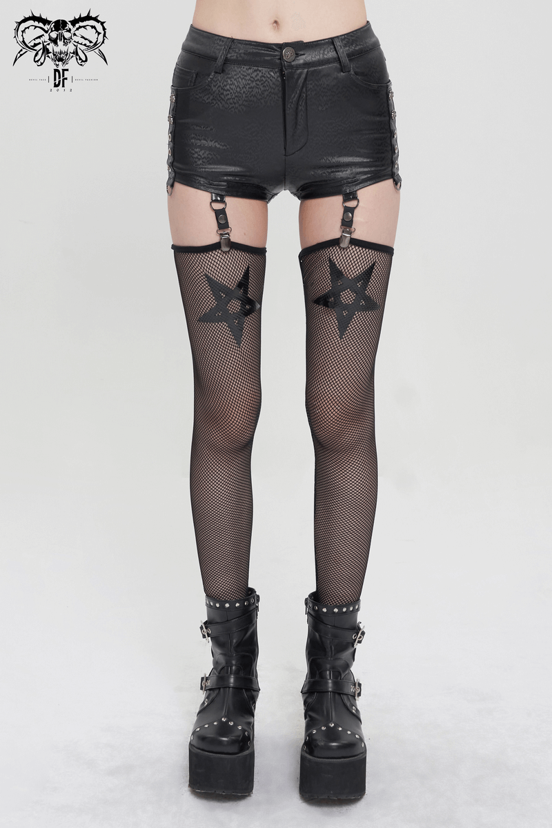 Gothic Garter Belt Shorts with Detachable Mesh Socks / Female Black PU Leather Shorts