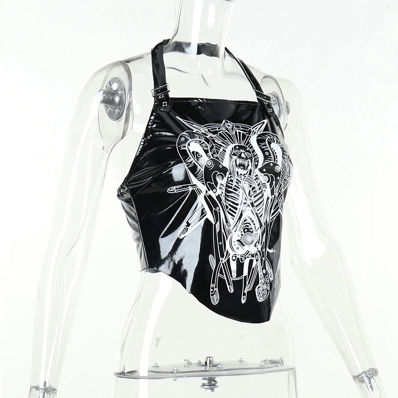 Gothic Graphic Faux Leather Crop Tops For Women / Grunge Aesthetic Buckle Halter Tank Top