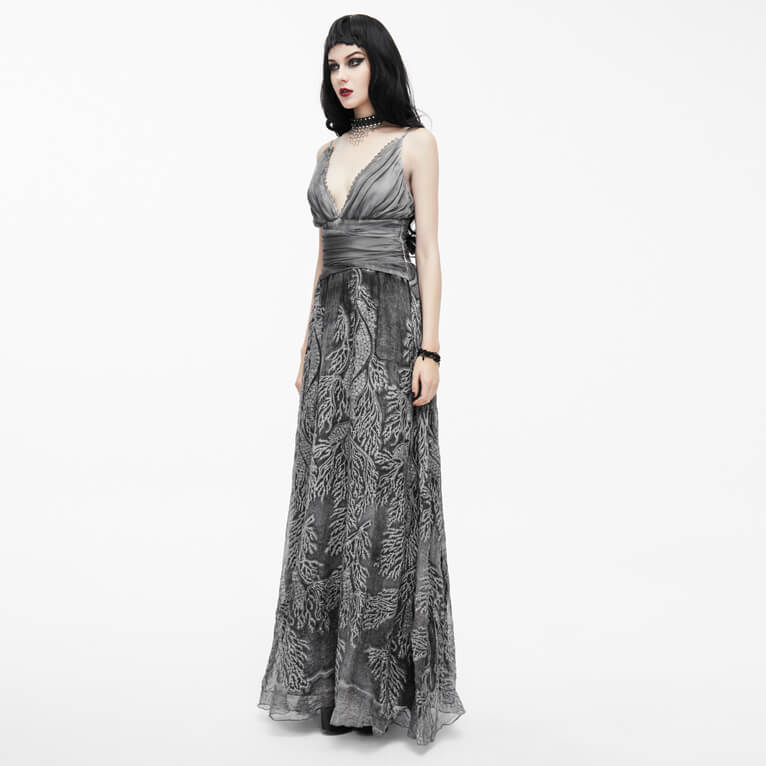 Gothic Gray Sexy Deep V Backless Dress for Women / Ladies Long Dress / Punk Fashion - HARD'N'HEAVY