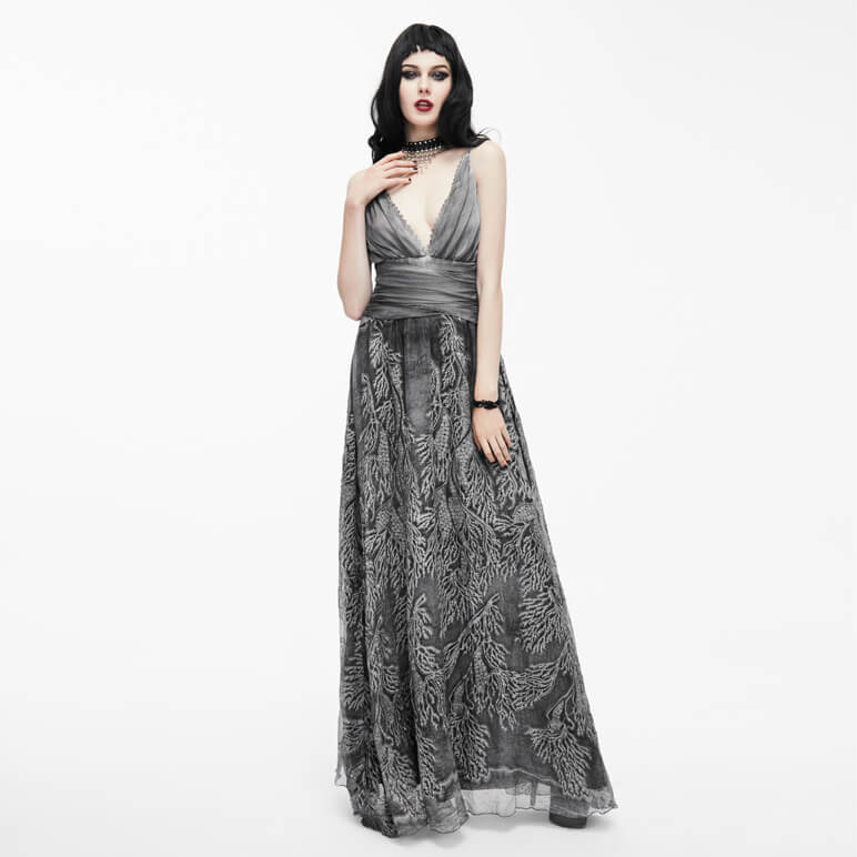Gothic Gray Sexy Deep V Backless Dress for Women / Ladies Long Dress / Punk Fashion - HARD'N'HEAVY