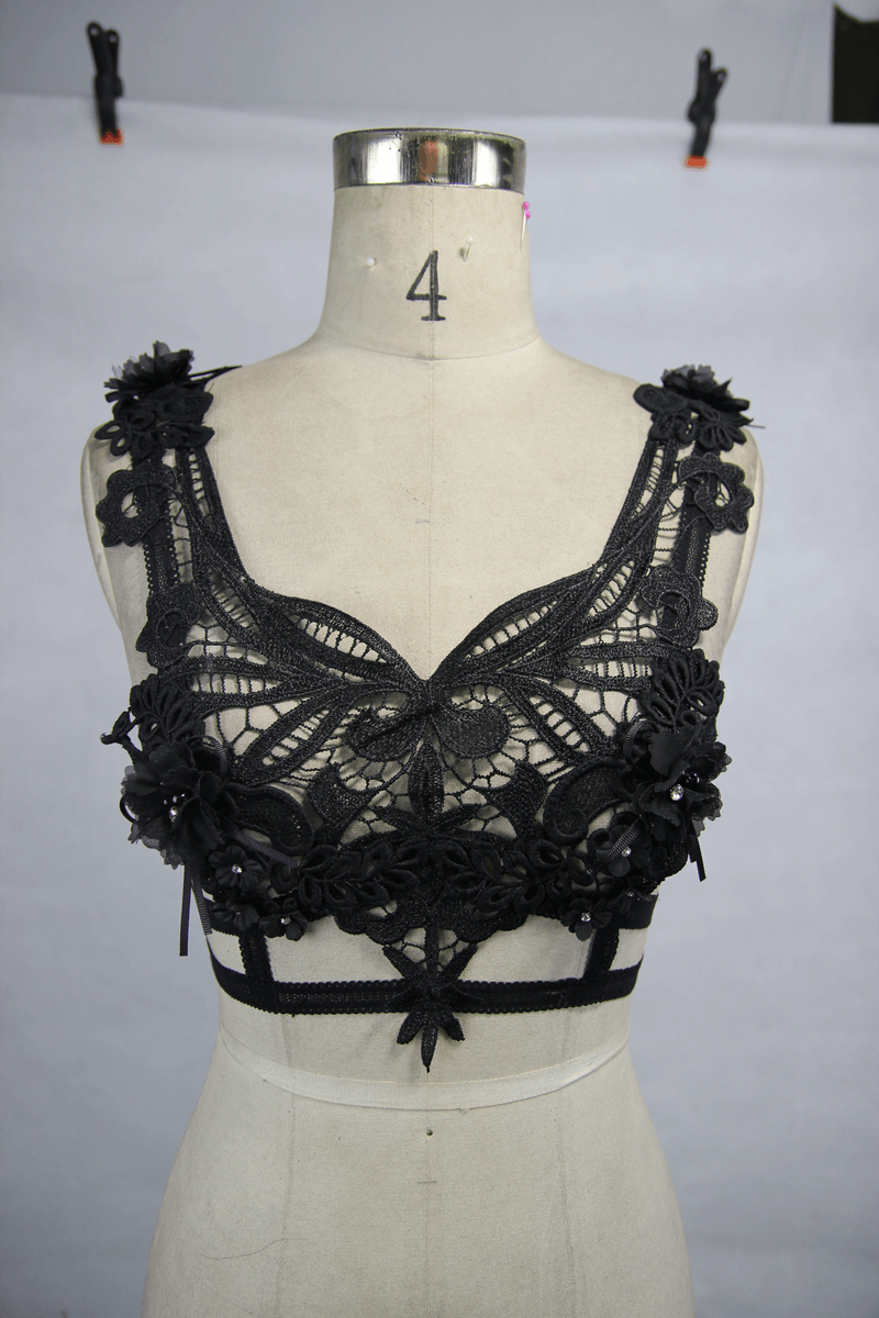 Gothic Guipure Top With Detachable Feathers / Women's Black Top With Straps Back - HARD'N'HEAVY