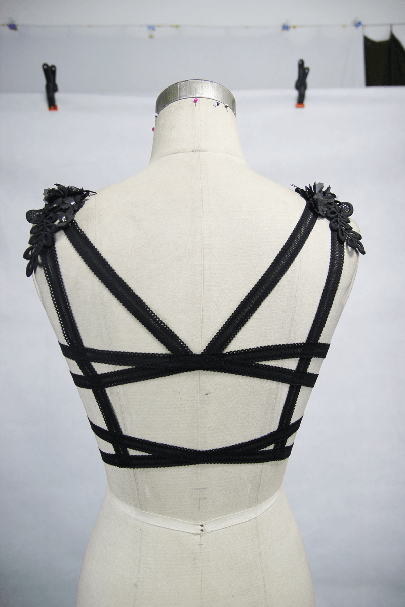 Gothic Guipure Top With Detachable Feathers / Women's Black Top With Straps Back - HARD'N'HEAVY