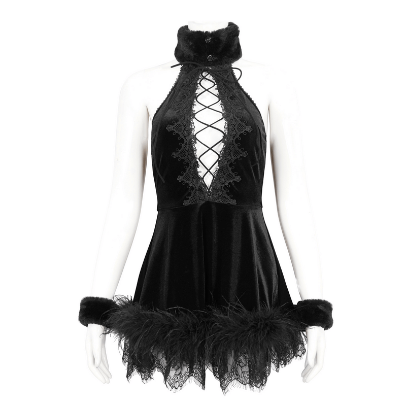 Gothic halterneck velvet short dress with lace-up front and feather trim, perfect for a sultry night out.