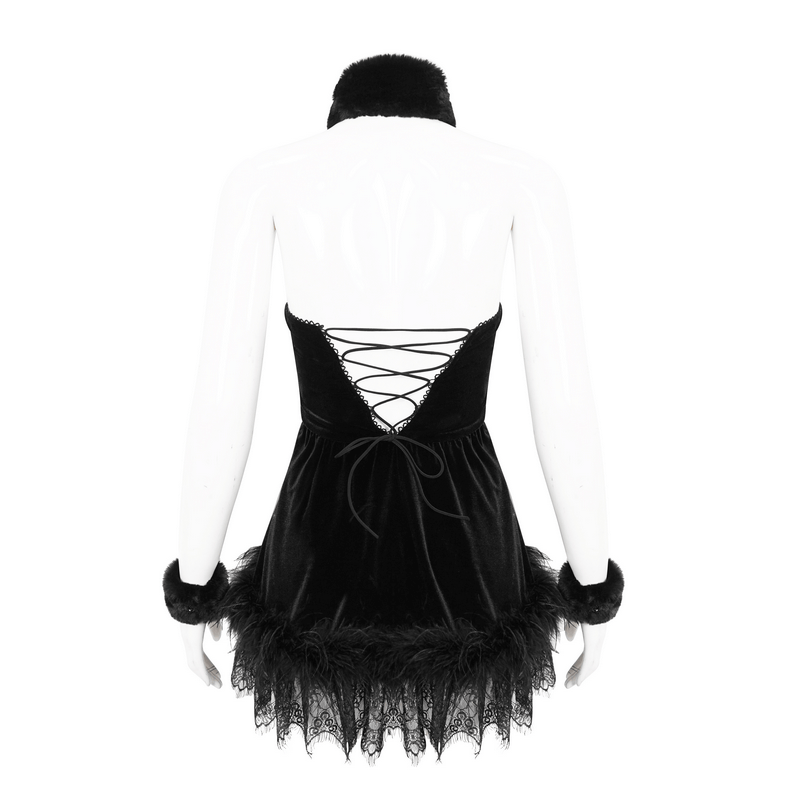 Back view of a gothic halterneck velvet short dress with open-back design and lace detailing.