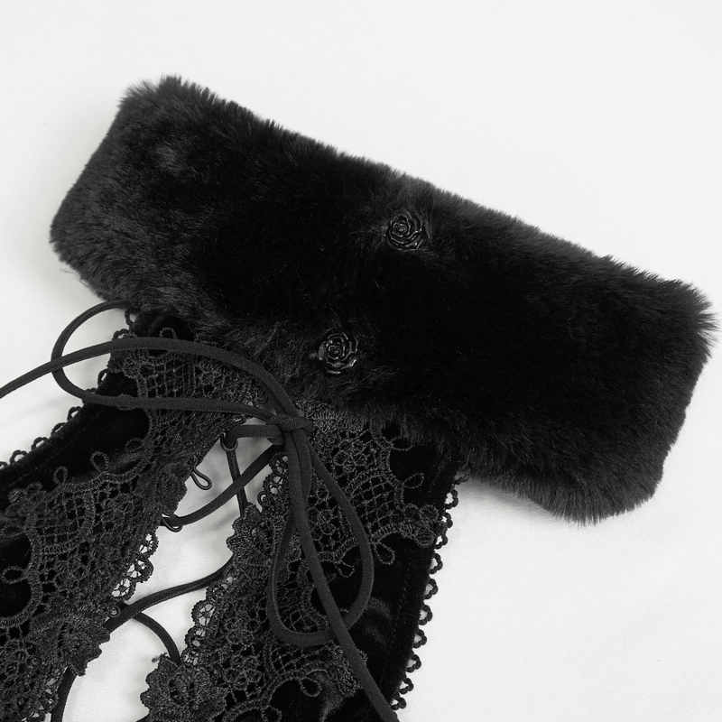 Close-up of a gothic velvet dress's ornate collar with lace and fur detail, perfect for a dark, elegant look.