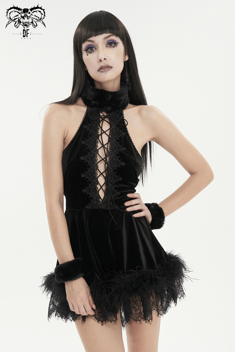 Gothic halterneck velvet short dress with lace-up front and feathered hem, perfect for bold night outs.