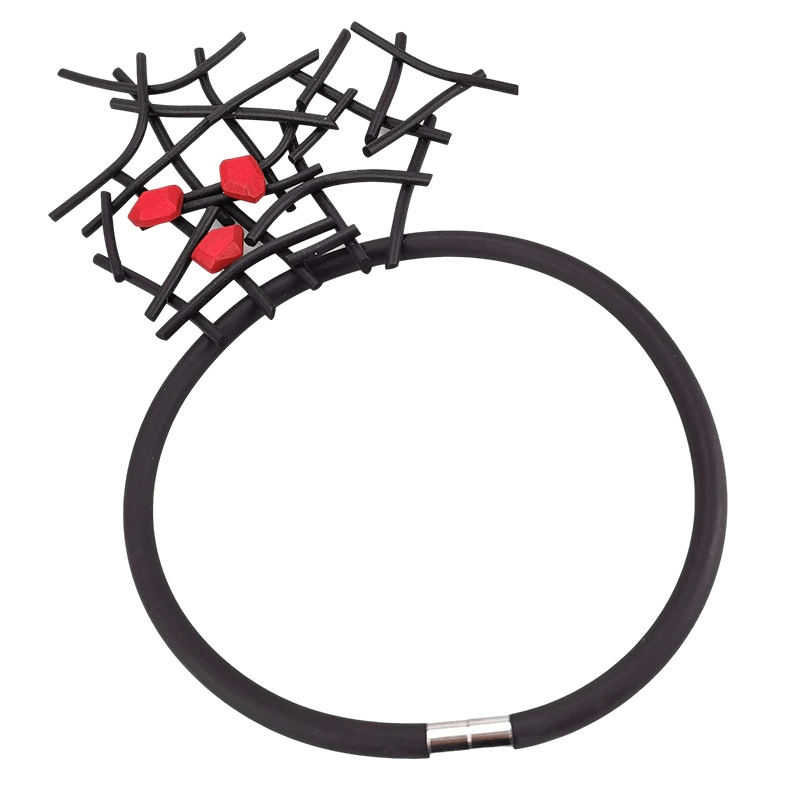 Gothic handmade rubber wooden necklace with spider-web design and red accents, perfect for stylish women.