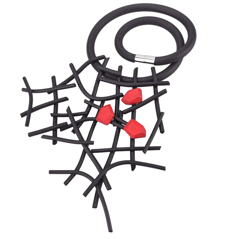 Gothic handmade rubber and wooden necklace with red accents, a unique accessory for stylish women.
