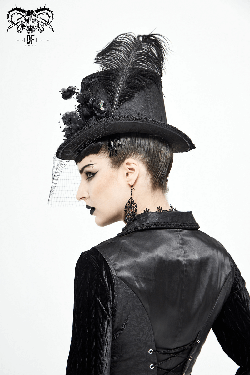 Gothic Hat with Detachable Feather / Unisex Top Hat with Large 3D Fabric Flowers - HARD'N'HEAVY